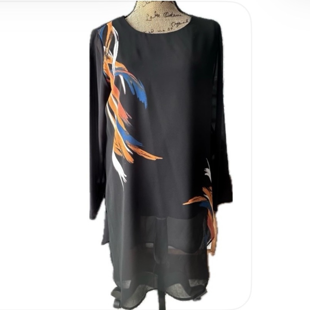 Alfani Black Tunic/Dress with Orange, White & Turquoise Accents